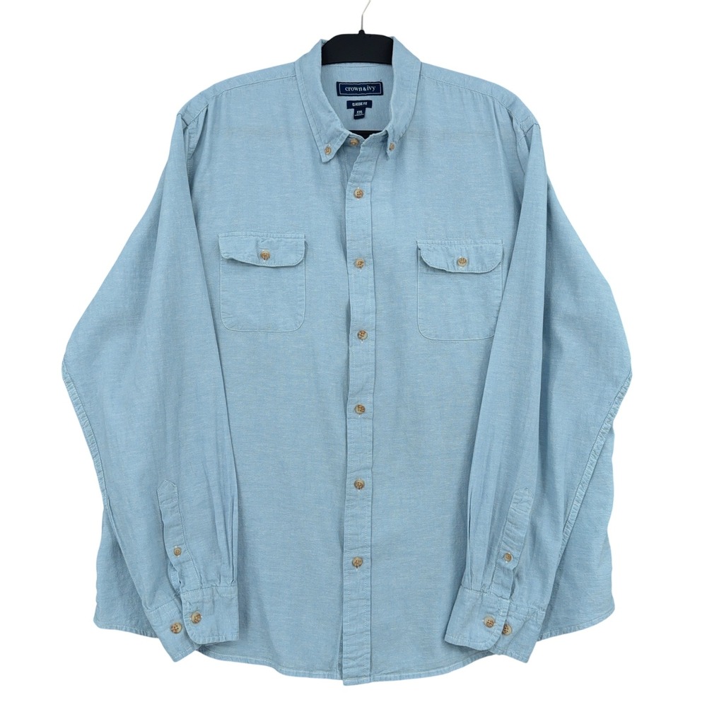 Crown & Ivy Classic Fit Mens XXL Linen Cotton Light Blue Button Down Shirt‎
